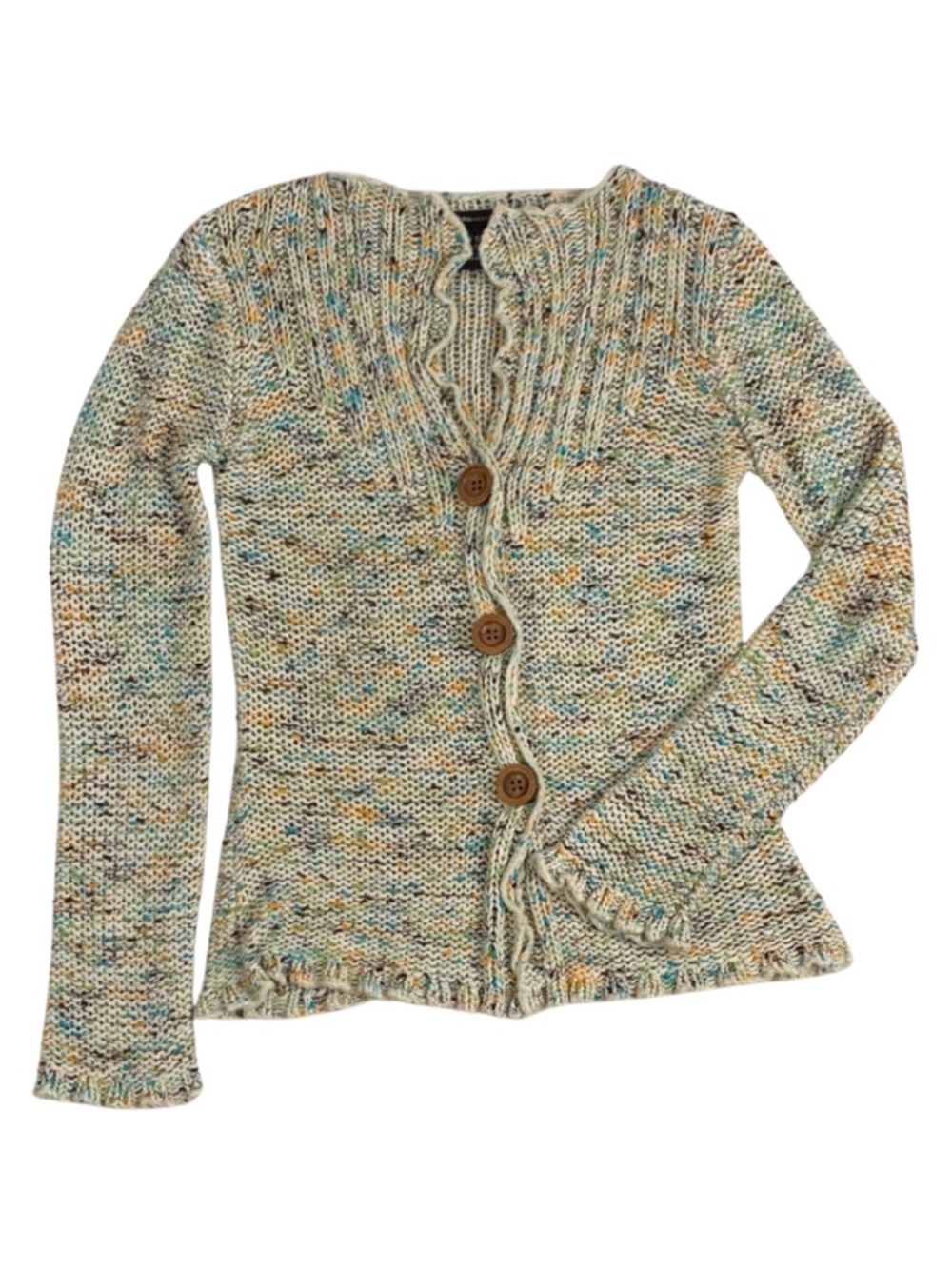 BCBGMaxAzria Boho Cottagecore Marled Knit Sweater Cardigan Wood Buttons S